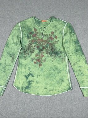 Cut Cute Green Tie Dye Floral Thermal Henley XL Y2K Fairycore